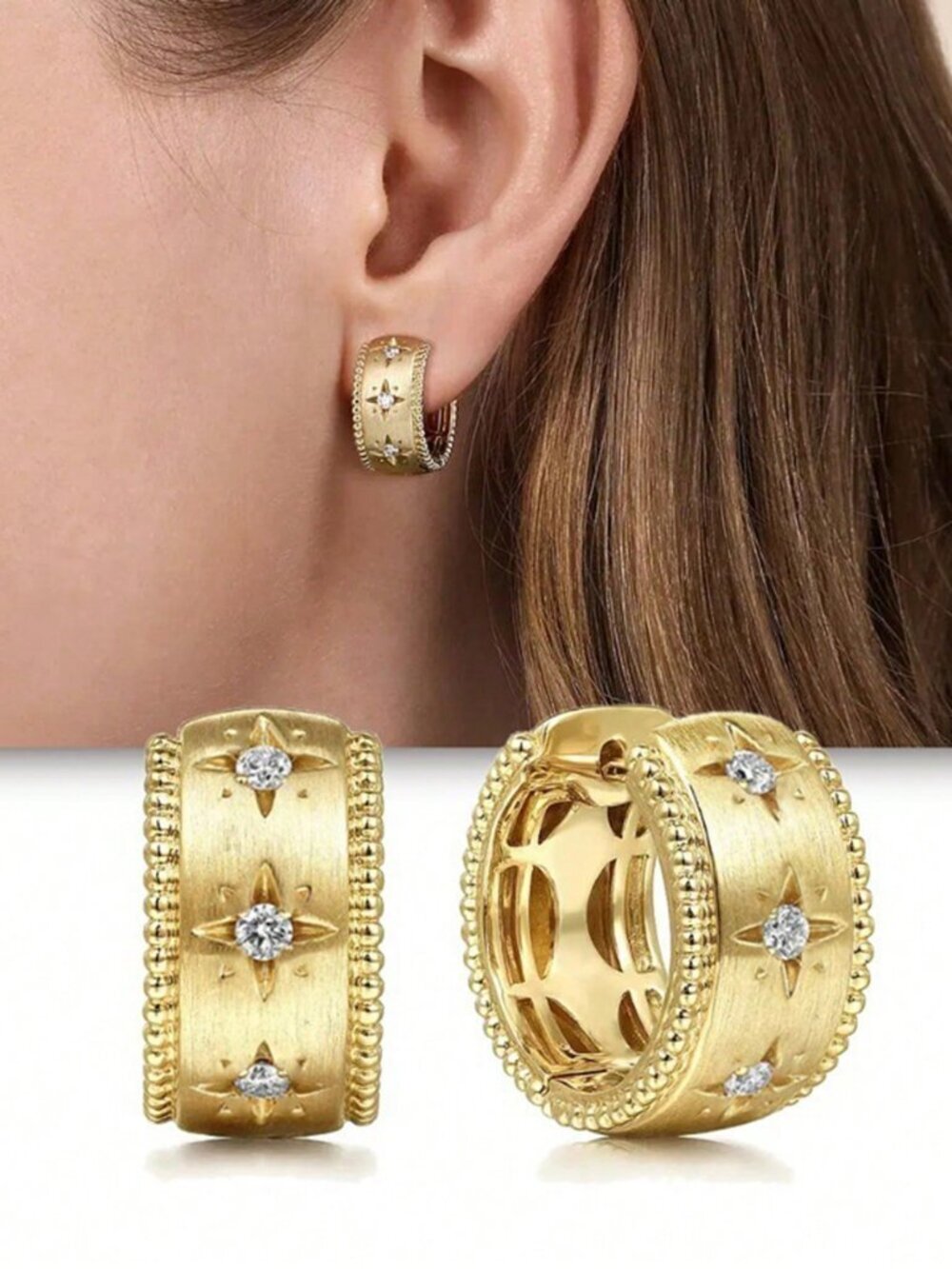 Yellow Gold Elegant Women's Cubic Zirconia hoop Earrings